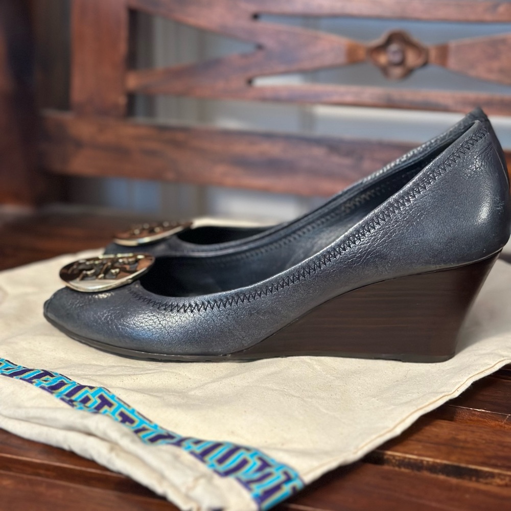 Tory Burch navy wedges, size 9 with shoe bag- gently worn good condition